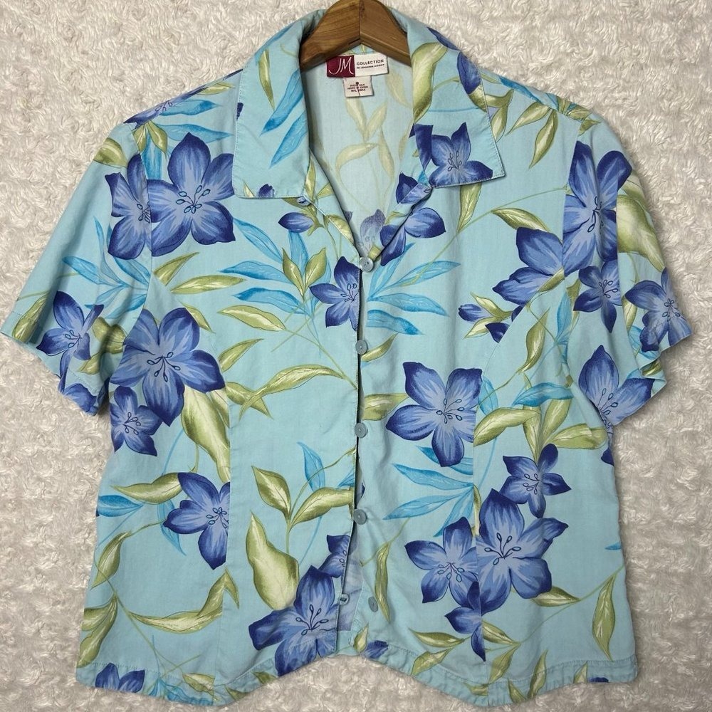 JM Collection Jennifer Moore Blue Floral 100% Silk Short Sleeve Blouse Size 8